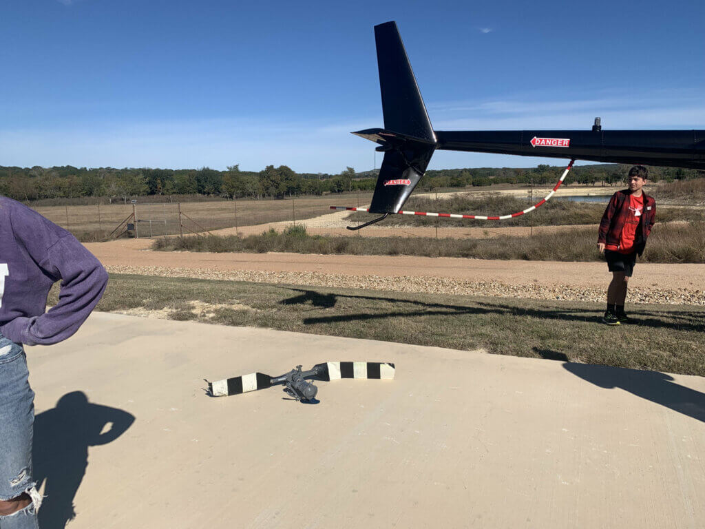 The aftermath of Doug Anderson's tail rotor bird strike. Simon Jones Photo