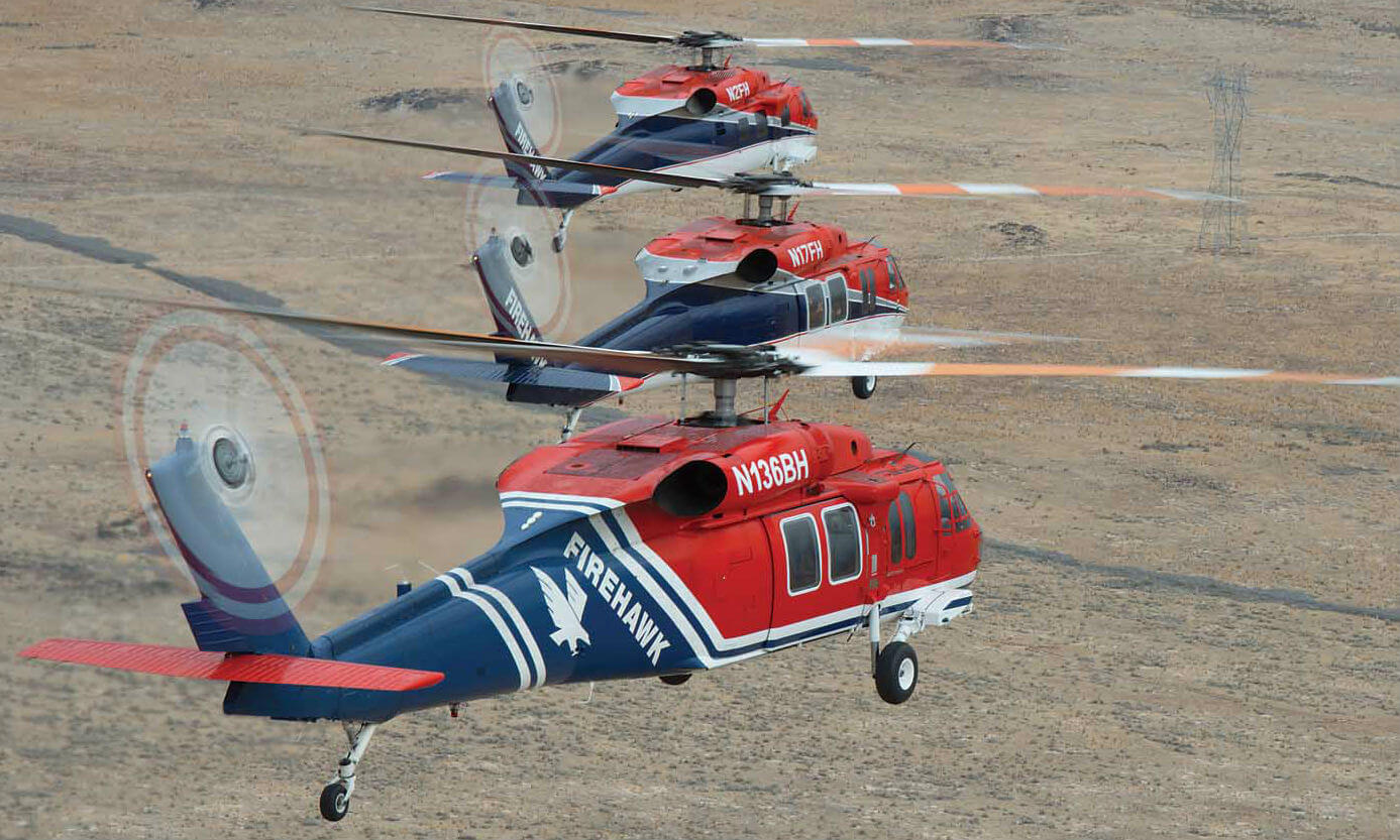 Three of Firehawk’s hardworking firefighters: N2FH is an S-70C and once served as the Sultan of Brunei’s personal aircraft; N17FH was acquired from the BEST program as a UH-60A that Firehawk upgraded to an A+ (the first in the civil world) with two T700-GE-701D engines; and N136BH is an S-70A that once served the Government of Hong Kong.