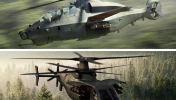 The competing designs for the U.S. Army's Future Attack Reconnaissance Aircraft program: The Bell 360 Invictus (top) and the Sikorsky Raider X (bottom). Bell and Sikorsky Images