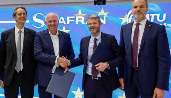 Safran and MTU Aero Engines executives at the signing of the MoU at the Paris Air Show. From left: Olivier Andries, Safran CEO; Michael Schreyögg, Chief Program Officer of MTU Aero Engines; Cédric Goubet, CEO of Safran Helicopter Engines; and Lars Wagner, MTU Aero Engines CEO. Cyril Abad Photo