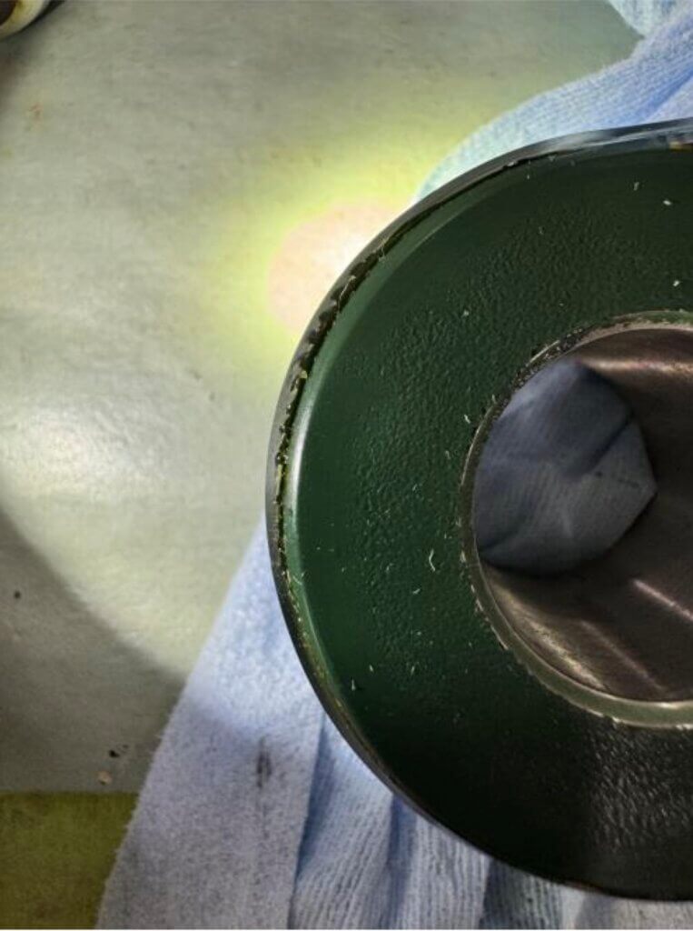 A crack in the urethane coating on an Airwolf TT strap from a Bell 206B. Photo courtesy of Transport Canada